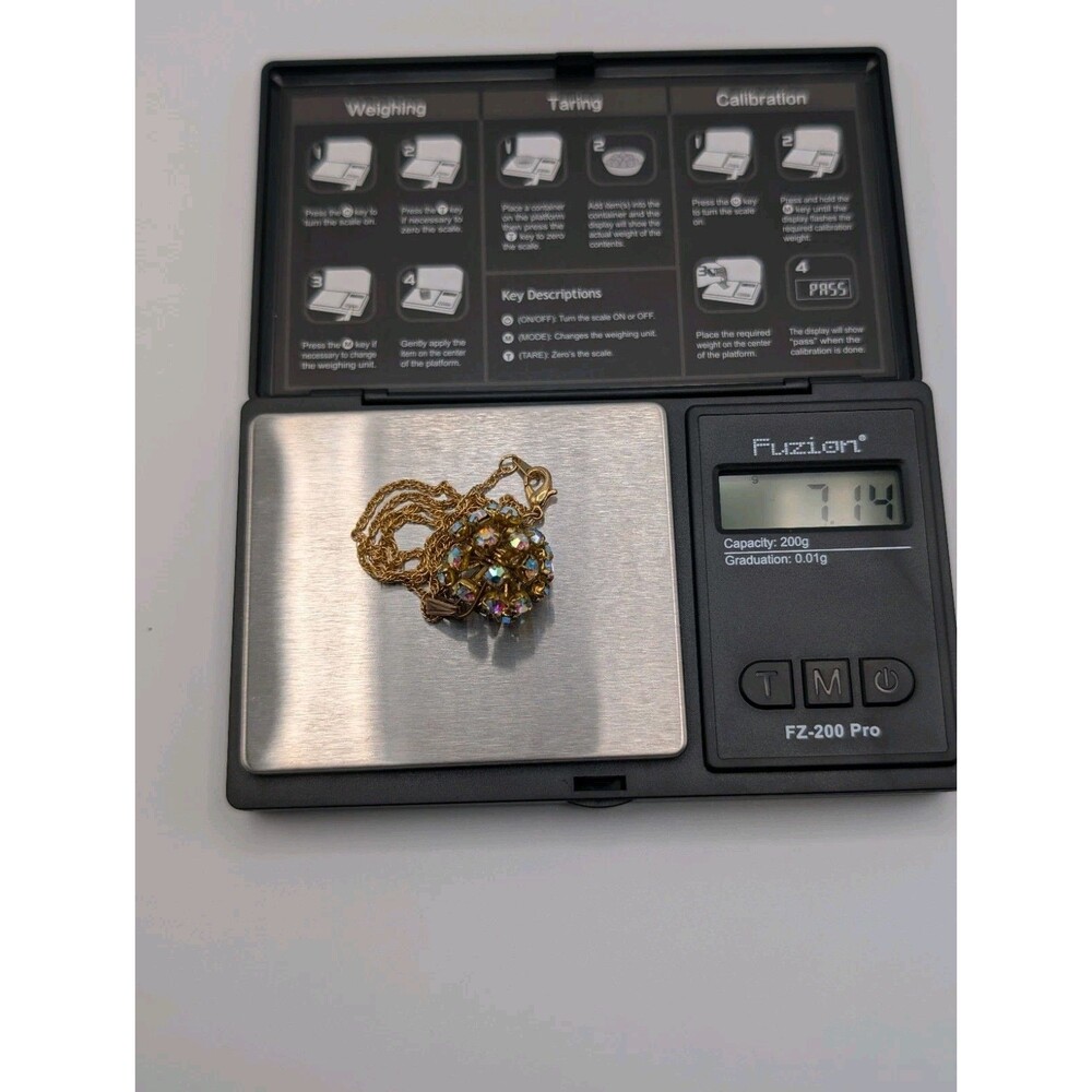 Vintage Gold Tone Link AB Aurora Borealis Crystal Bead Ball Pendant Necklace - Picture 9 of 10